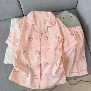 粉色可爱波点kt猫咪睡衣女款夏季短袖薄款高级感家居服两件套2026