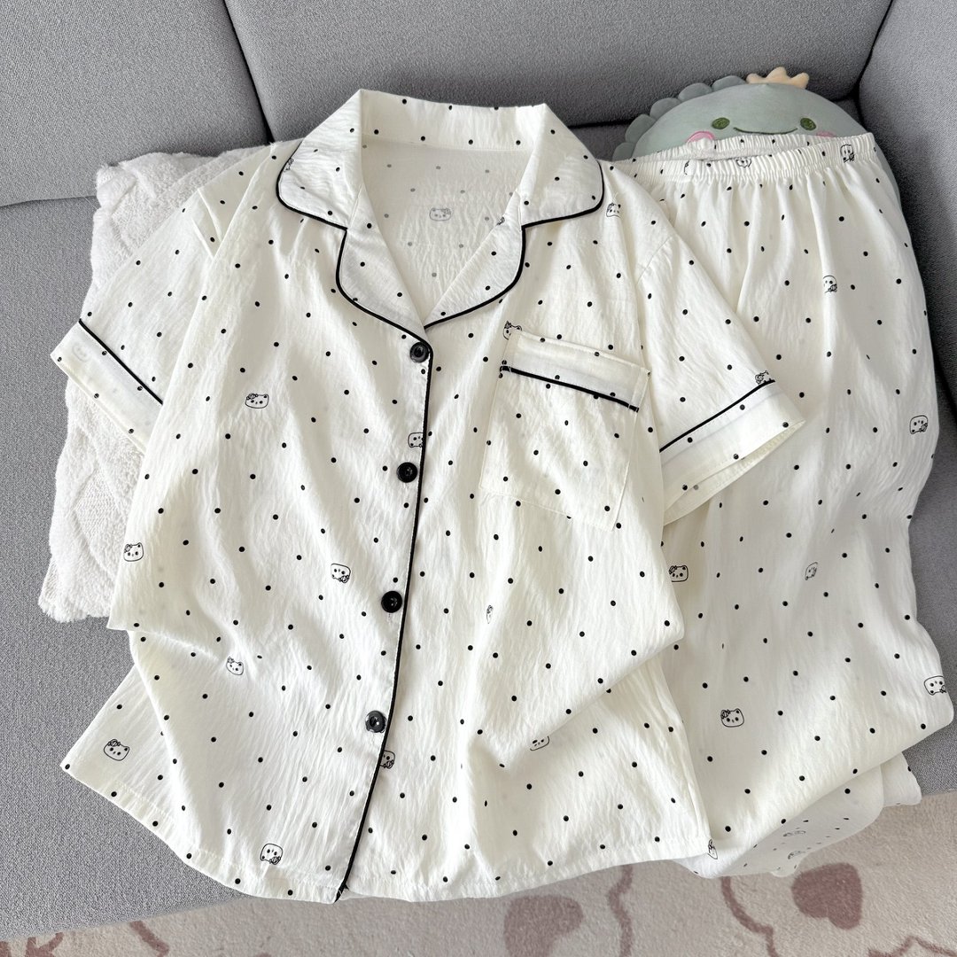 韩系简约睡衣女夏季薄款云朵棉透气亲肤卡通风可外穿家居服三件套