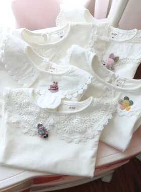 春秋新款白色翻领儿童针织打底衫女童娃娃领花边外穿宝宝长袖T恤