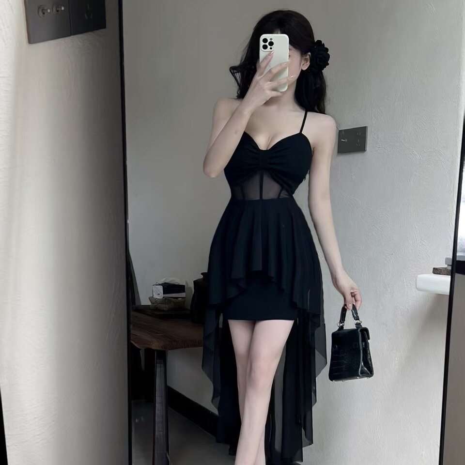 长裙女装低胸v领网纱吊带连衣裙