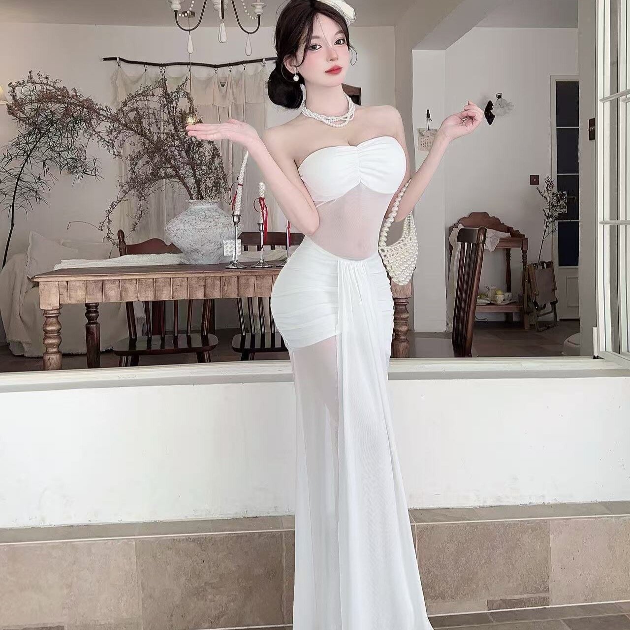 性感透视抹胸网纱拼接连衣裙女装