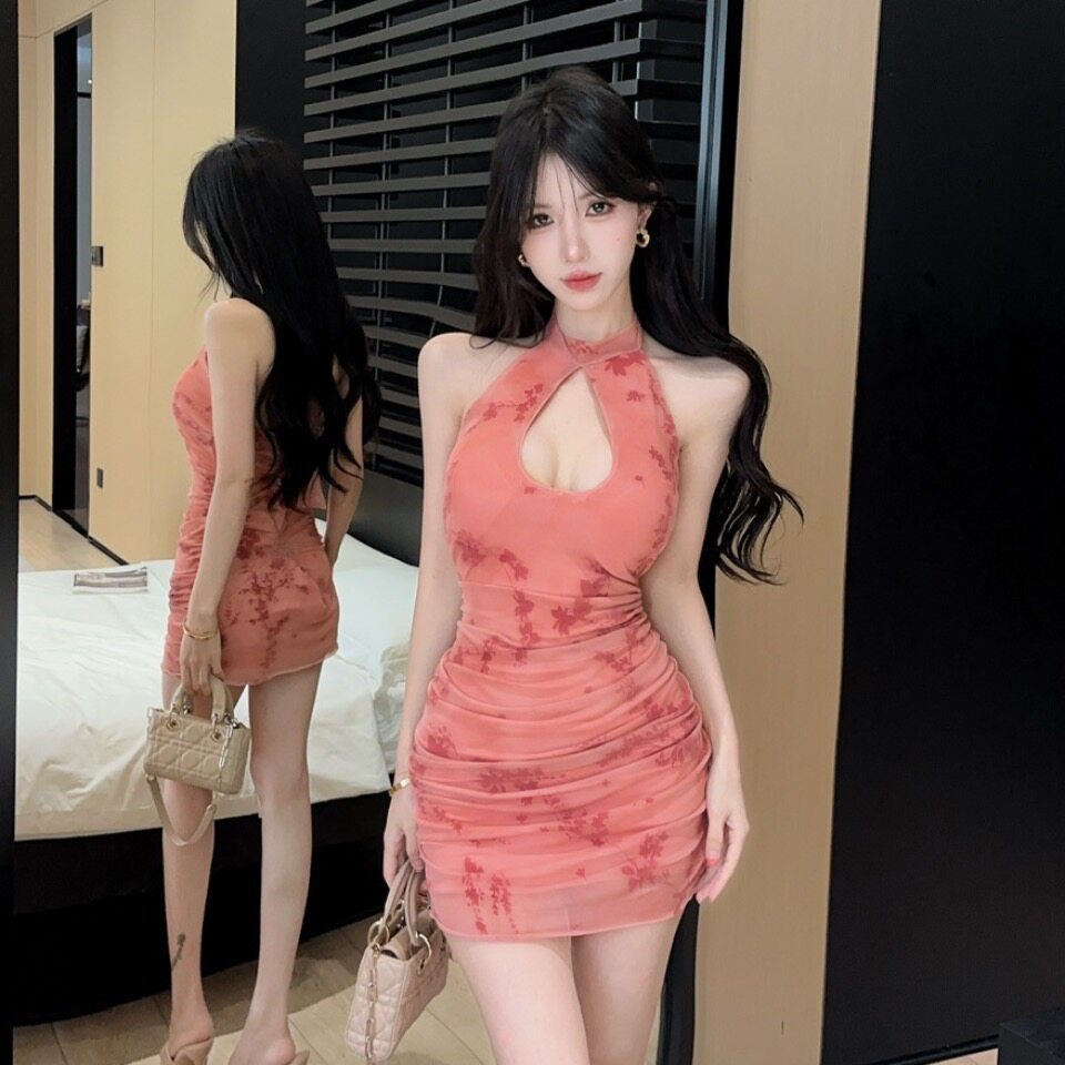 中式改良旗袍性感印花连衣裙