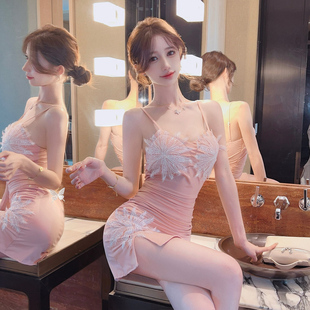 夜总店连衣裙夜场性感女装低胸蕾丝拼接遮肚子显瘦修身包臀吊带裙