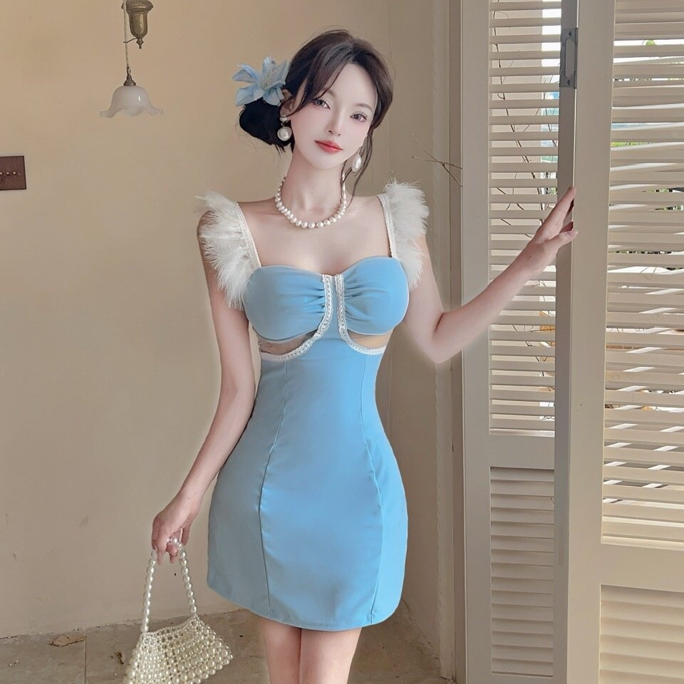 夜店性感女装毛毛拼接吊带连衣裙