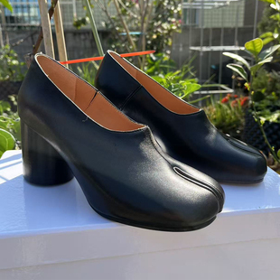 8CM高跟分趾鞋2026春季新款真皮一脚蹬羊皮猪蹄鞋粗跟时尚女单鞋