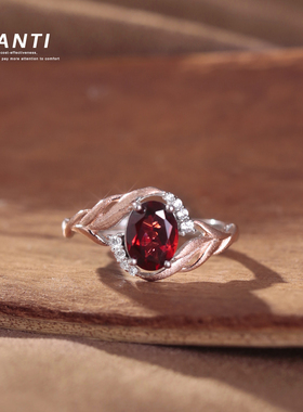 天然红石榴石宝石戒指芊夏S925纯银镀18K金自然系高级设计感活口
