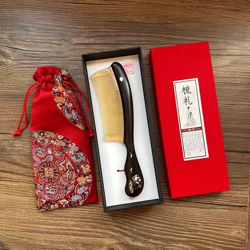 天然紫光檀羊角螺钿梳镶嵌彩贝银丝黑檀木梳子家用静电梳礼品
