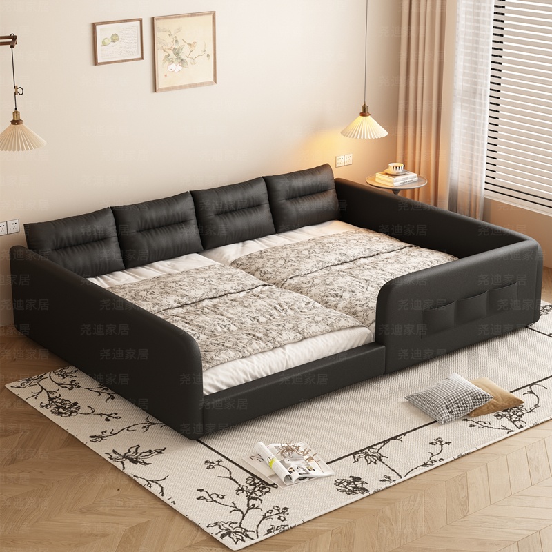 现代简约二胎家庭亲子床一家四口拼接子母床榻榻米加高护栏皮艺床