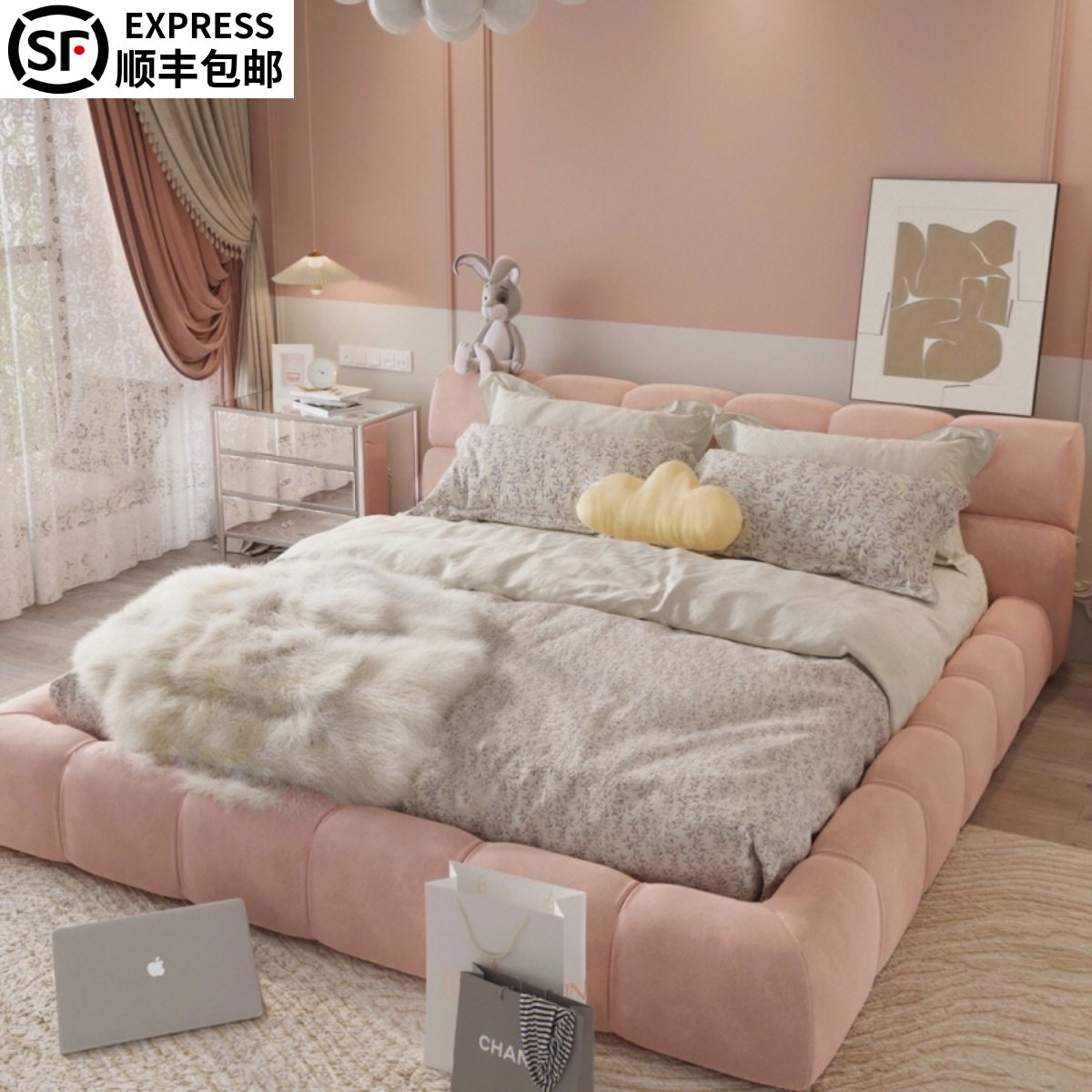 奶油风床榻榻米落地泡芙床现代简约设计师款女生卧室科技布储物床