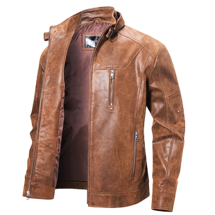 春秋新款真皮皮衣男美式休闲机车皮衣立领短款皮夹克单装外套