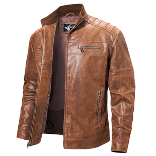 春秋新款真皮皮衣男机车夹克美式粗犷猎装多拉链立领男士外套