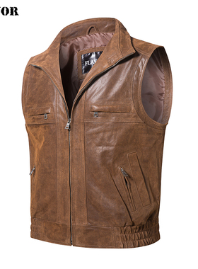 FLAVOR/佛兰诺2019秋季新款真皮皮衣男美式休闲真皮马甲立领背心