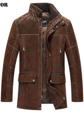 秋冬新款猎装真皮皮衣男修身复古美式休闲中长款加厚夹克外套
