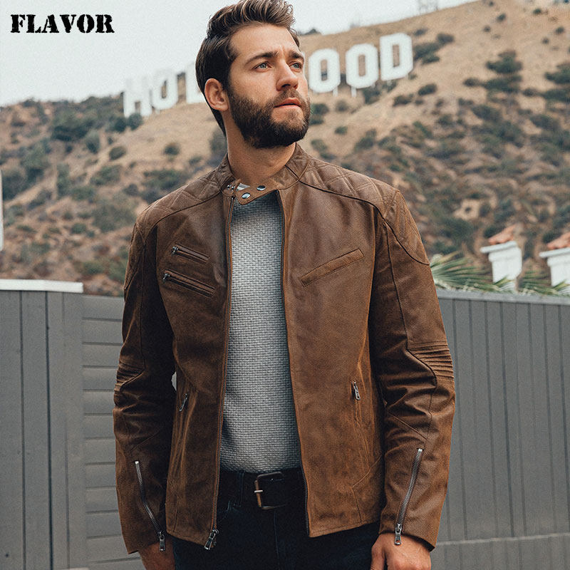 春秋新款真皮皮衣男美式潮机车皮夹克立领短款多拉链男士外套