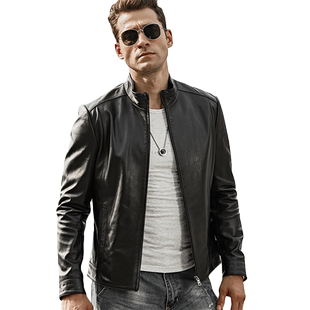 新款海宁真皮皮衣男修身机车皮夹克男士韩版休闲薄款帅气外套