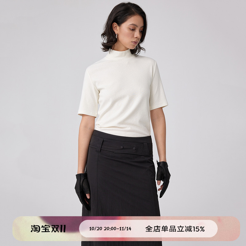 竹节针织半袖修身小高领T恤