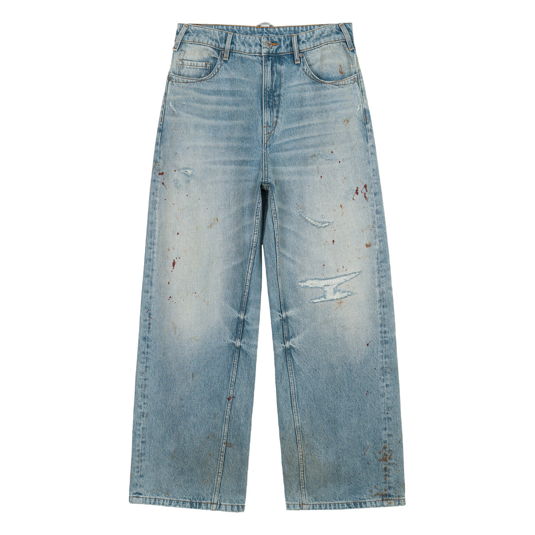 thumbnail for Simple Project* Blued Ditressed Jeans Worn Twist Seam A-Shaped Jeans