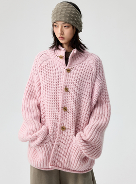 SimpleProject*High-Neck Cardigan绳结皮扣粗针羊毛高领毛衣外套