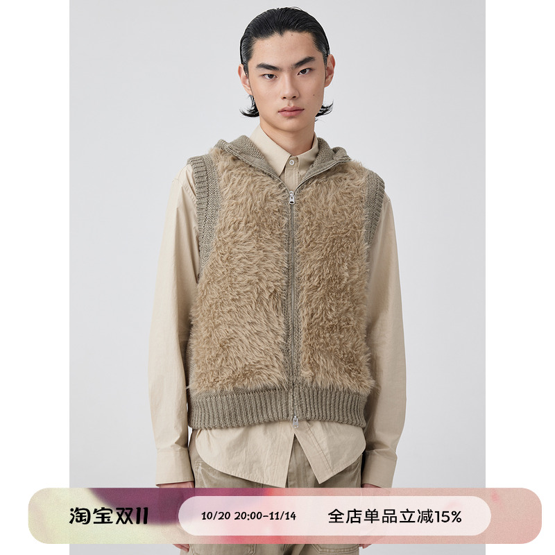 长毛拼接连帽毛衣马甲