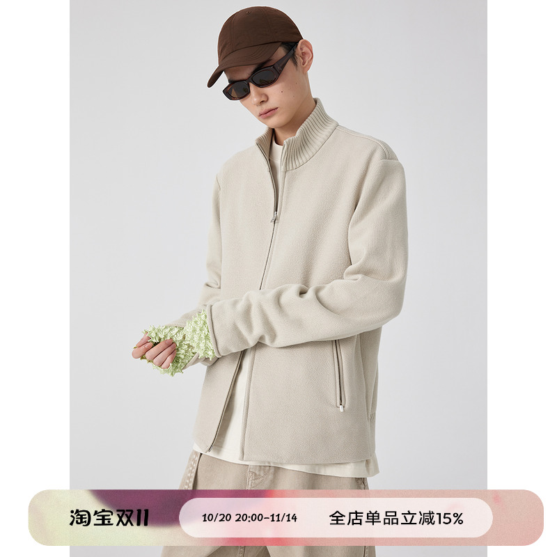 拼接立领修身针织夹克