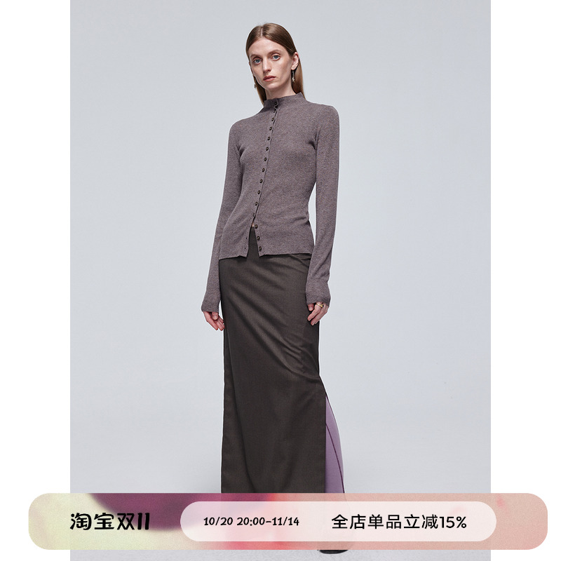 低腰侧开衩直筒直筒长半裙