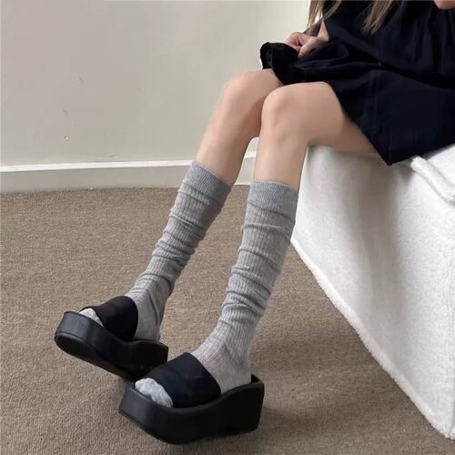 miu堆堆灰色小腿袜女春夏季薄款竖条纹走秀款纯色中筒袜百搭高筒