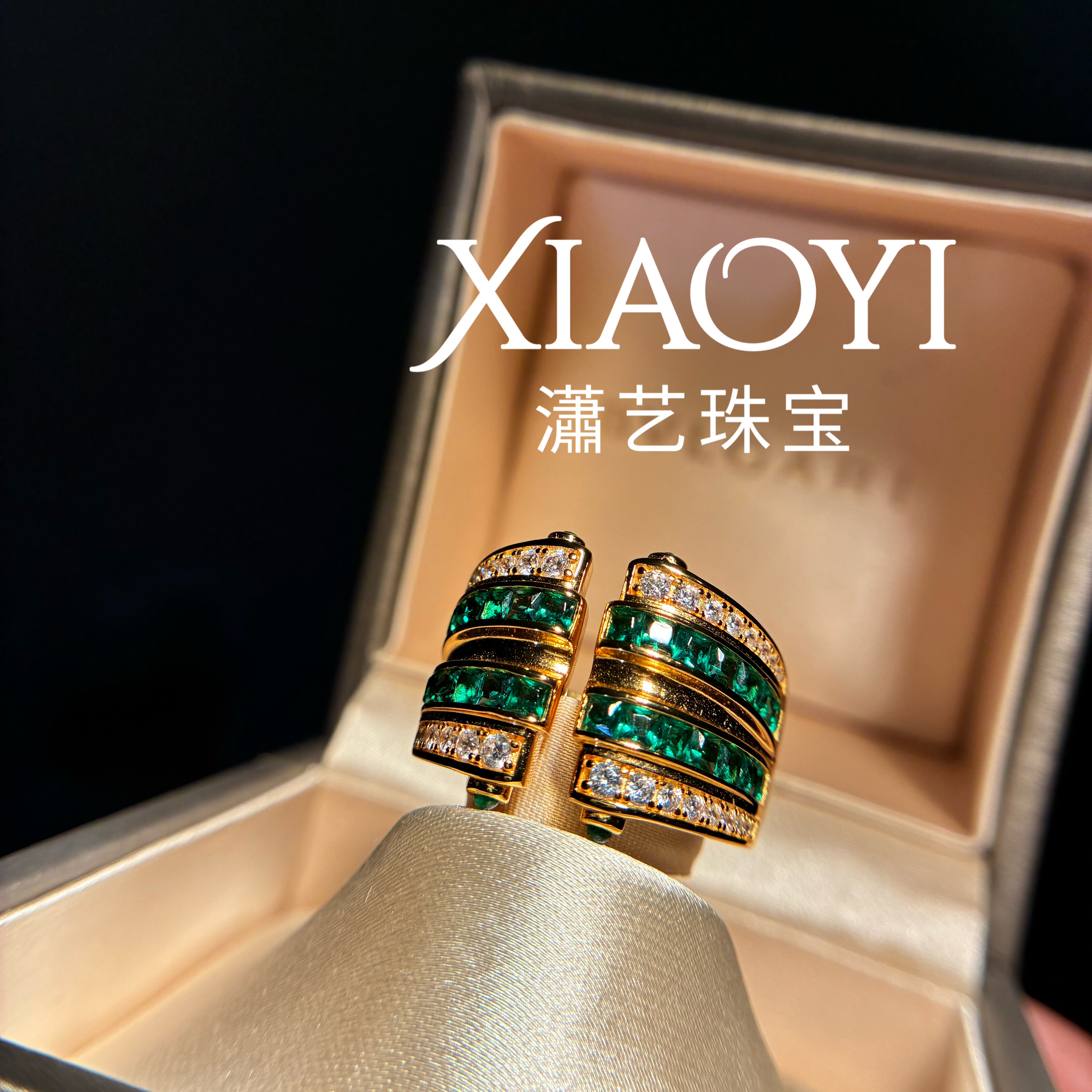 沉金绿老钱风高珠豪镶重工戒指925银镀18k绿碧玺人工