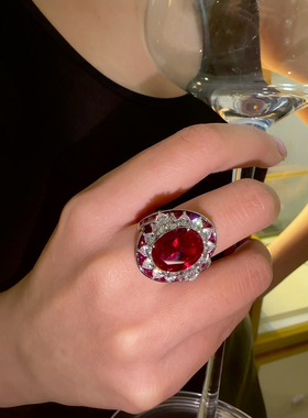 明星同款梵家高定8克拉培育鸽血红戒指豪镶银镀金