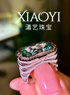 高定拽姐游泳池老钱风戒指孔雀绿豪镶重工925银厚镀金