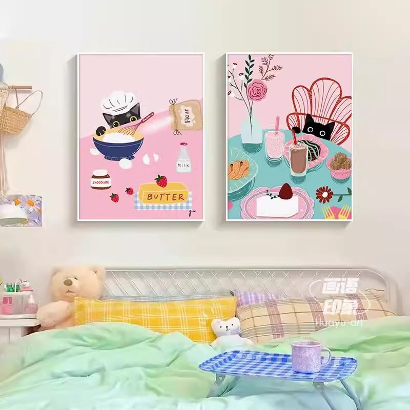 北欧餐厅装饰画饭店背景墙画儿童小清新卧室壁画饭厅卡通小猫挂画图片