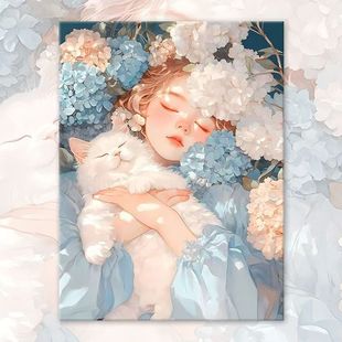 花下眠调皮可爱卡通小猫咪卧室房间装饰画卧室床头挂画温馨墙画