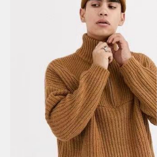 英伦风焦糖棕高领针织衫 宽松慵懒风加厚毛衣秋冬休闲保暖上衣男女