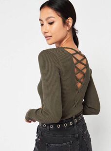 美国小众针织打底衫后背交叉绑带性感V领高弹竖条修身显瘦上衣女