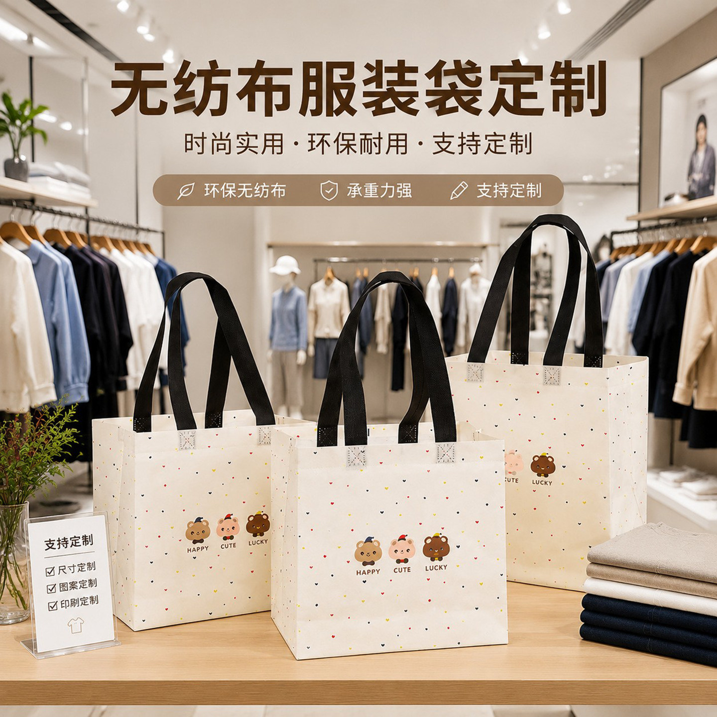 可爱小熊卡通童装衣服店手提袋服装店无纺布袋女装购物袋礼品袋子