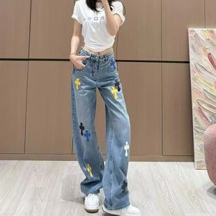 美式高街小众重工十字架贴布刺绣牛仔裤女春夏新款宽松阔腿长裤子