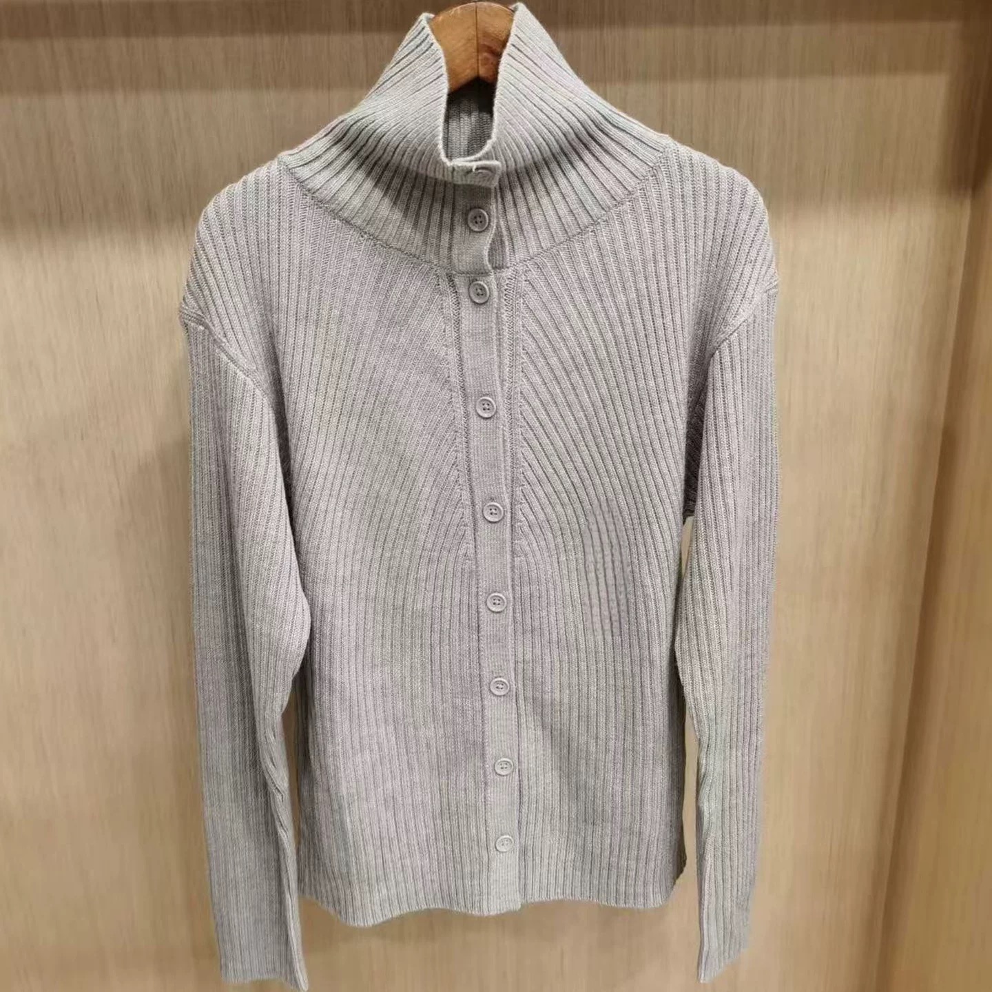 女装美利奴混纺高领针织开衫毛衣毛衫冬修身显瘦纽扣外套480107