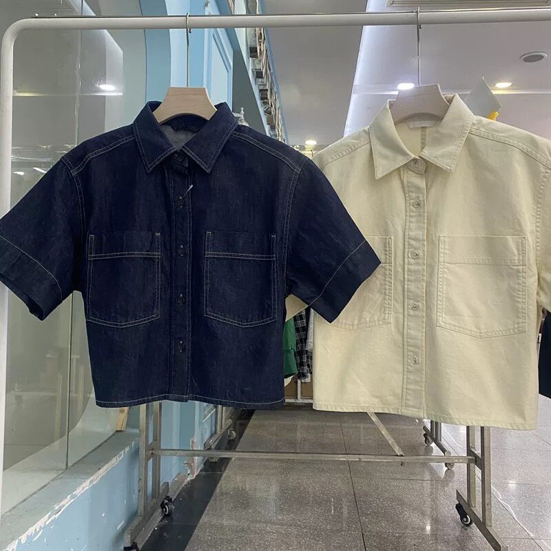 日系女装26春夏新款牛仔箱型衬衫休闲半袖水洗产品短袖衬衣483877