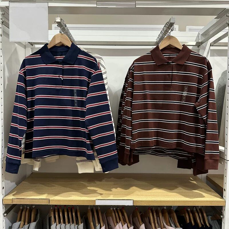 女装26秋新款休闲条纹POLO衫宽松长袖T恤上衣打底衫489060/489061
