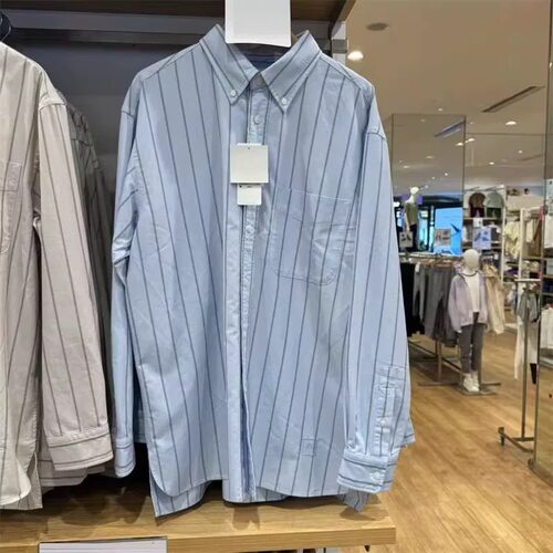 日单男装女装情侣牛津纺宽松条纹衬衫长袖衬衣秋冬480802/479996