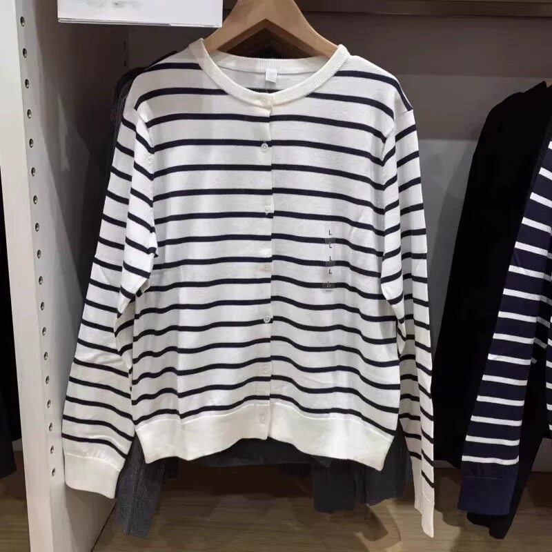 日单女装混纺休闲圆领撞色条纹针织开衫长袖毛衣476975 487444