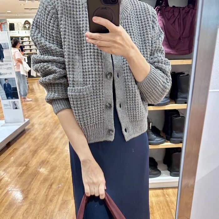 日单女装华夫格圆领针织休闲百搭开衫纯色毛衣毛衫外套新款479676