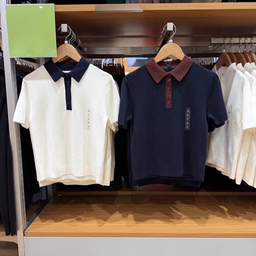 女装莫代尔混纺POLO领拼色针织衫/短袖毛衣毛衫春485224/484607