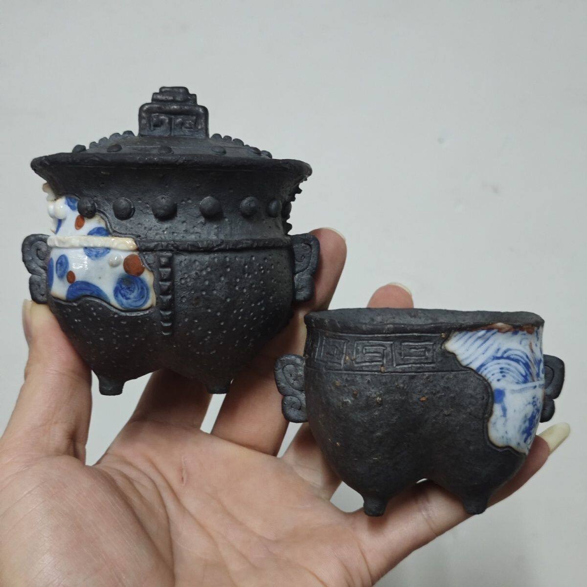锦笔柴烧盖碗个性青花青铜器结合一款多用全手工捏制孤品黑陶茶具
