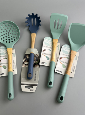 符合FDA标准！硅胶+橡木拼接！耐高温不粘锅锅铲炒菜铲子漏勺厨具