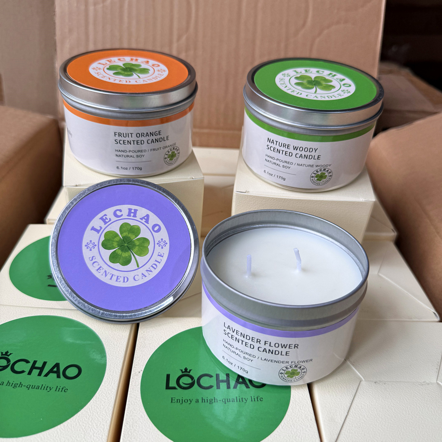 出口单！带盖铝罐！家用卧室LECHAO香薰蜡烛香氛精油蜡烛安神助眠