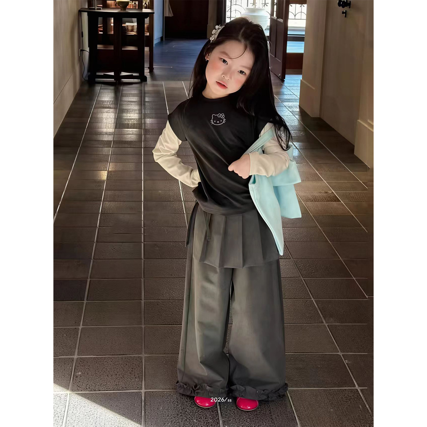 女童独特漂亮小套装2026新款儿童春装女孩宝宝假两件kt猫长袖上衣