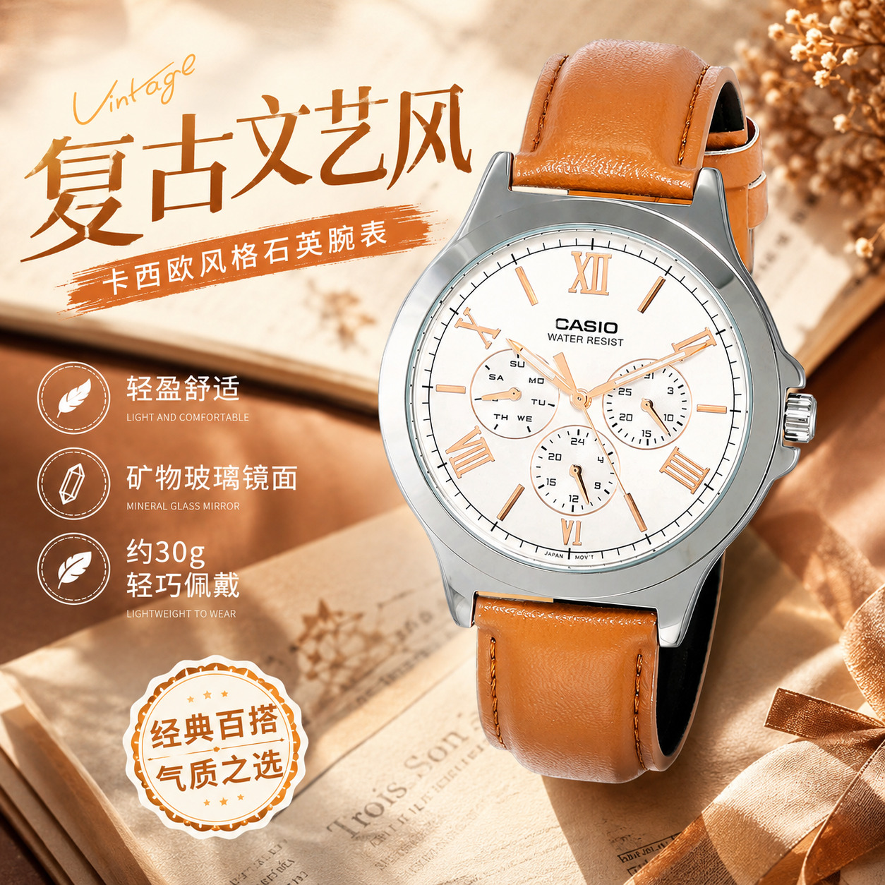Casio卡西欧手表女 时尚简约皮带石英防水女表LTP-V300L-7A2