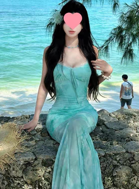 特价法式浅绿色印花网纱吊带连衣裙女夏海边度假纯欲性感鱼尾泳衣