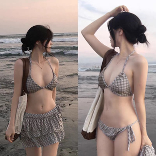 性感辣妹格纹蓬蓬裙比基尼三件套女高颜值2025新款 度假风分体泳衣