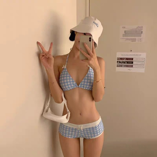特价 女 奶油蓝白格甜美少女比基尼海边平角泳衣度假ins泳装